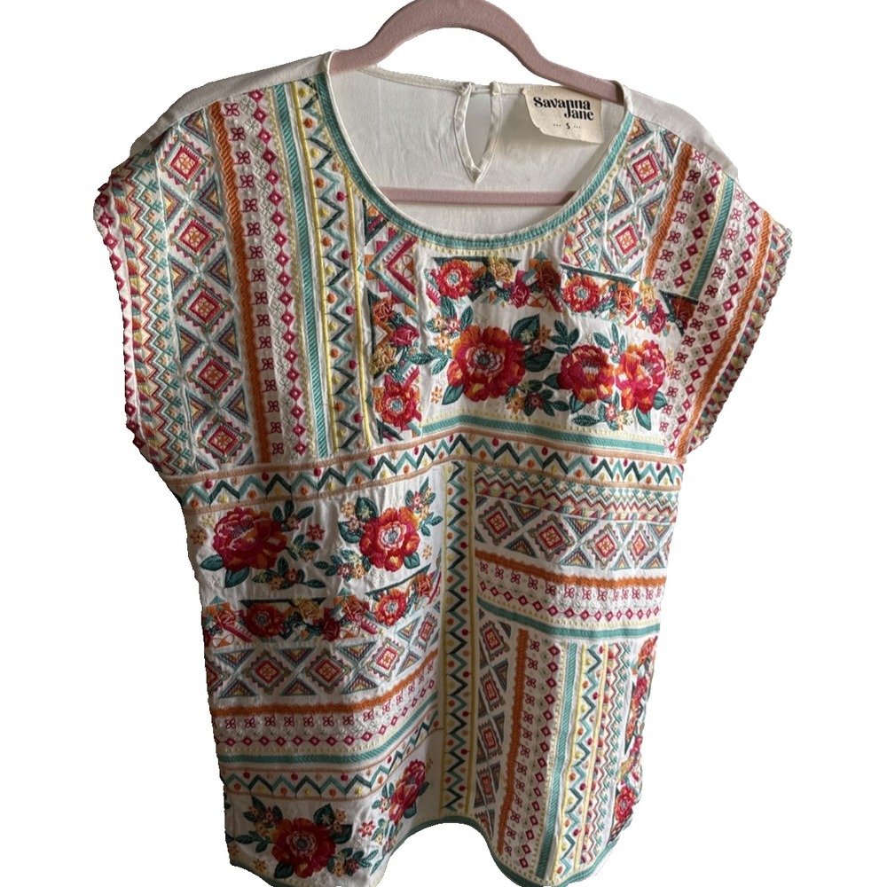 Savanna Jane White Floral Embroidered Tunic with Red and Teal Accents